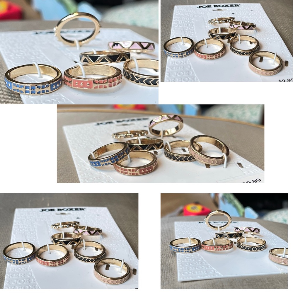 NWT JOE BOXER Seven (7) Stacking Rings. Gold tone bands with colorful designs
